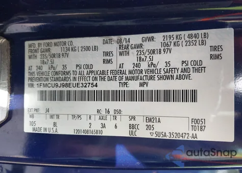 2014 Ford Escape Titanium from USA, damaged, VIN 1FMCU9J98EUE32754